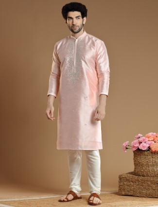 Men cotton silk kurta suit in peach hue