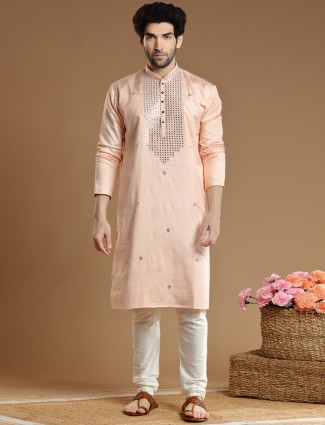 Cotton silk kurta suit in peach for festive