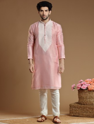 Men silk kurta suit in baby pink hue