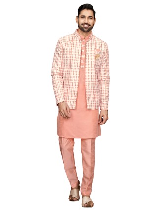 Silk printed indowestern in Peach