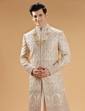 Peach Raw Silk Premium Sherwani for Groom