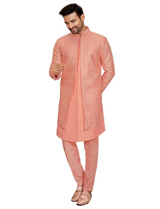 Peach silk indowestern for weding