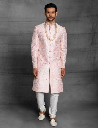 Silk fabric pink wedding wear sherwani for men