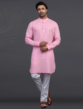 Pink linen festive wear kurta suit for men