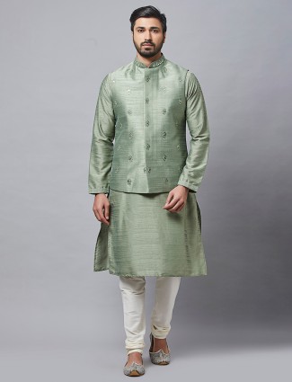 Raw Silk Waistcoat Set in Pista Green