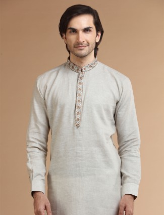 Classy beige plain linen kurta suit