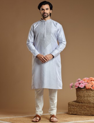 Festive wear grey cotton silk kurta suit