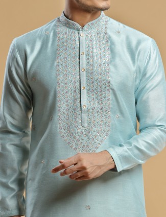 Powder blue silk kurta suit for festivities