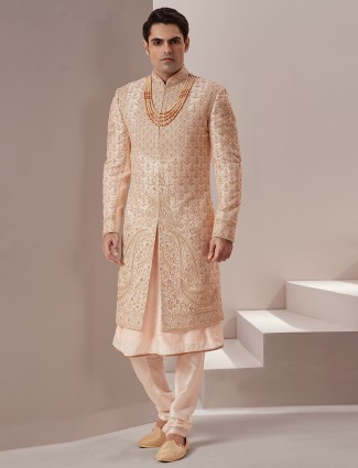 Raw silk sherwani for groom in baby pink