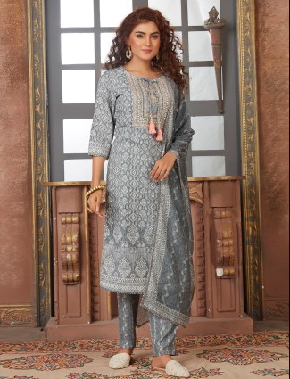 Beautiful grey cotton printed kurti set