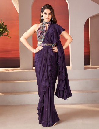 Purple silk ready to wear ruffle saree