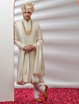 Cream raw silk groom and wedding sherwani