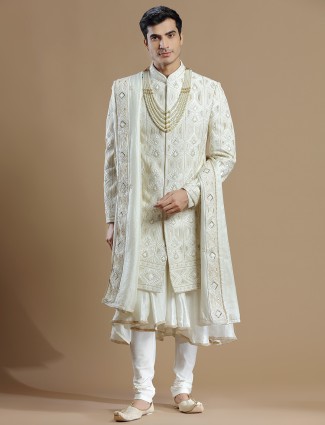 Cream raw silk premium sherwani for groom