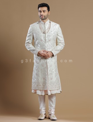 Off white raw silk groom wear sherwani