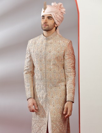 Peach Raw Silk Sherwani for Grooms