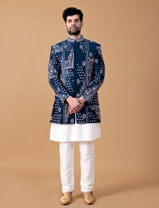 Raw silk royal blue indowestern