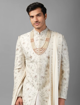 Classic off white silk peshwai style sherwani