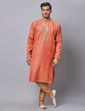 Men silk kurta suit in rust orange