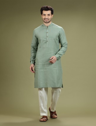 Elegant sage green linen kurta suit