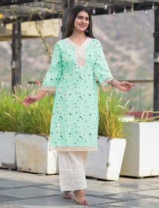 Sea Green Printed Kurti with Palazzo