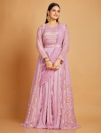 Mauve pink silk floor length suit with shrug