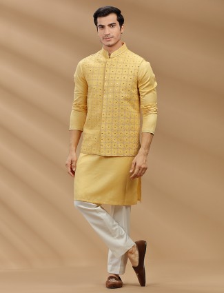Yellow silk waistcoat set for wedding and haldi