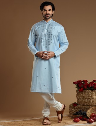 Cotton silk sky blue festive kurta suit for men