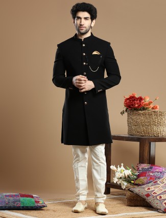 Solid Black Hue Terry Rayon IndoWestern for Weddings