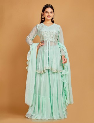 Elegant mint green georgette palazzo suit
