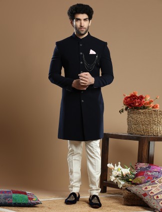 Navy Hue Terry Rayon Wedding Indowestern