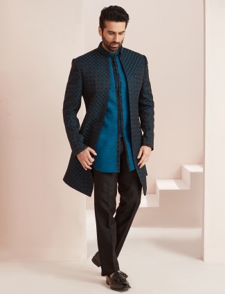 Reception silk indowestern in teal blue