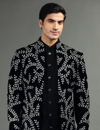 Terry rayon black indowestern with embroidery