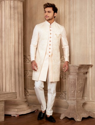 Cream wedding indowestern in silk
