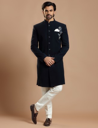 Navy terry rayon wedding indowestern for men
