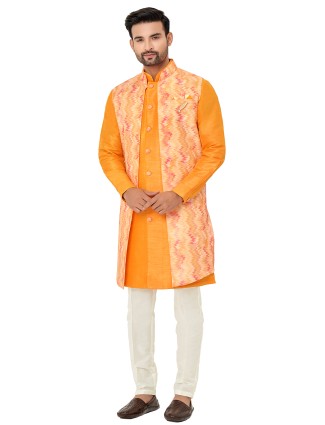Orange Printed Silk Indowestern for Wedding