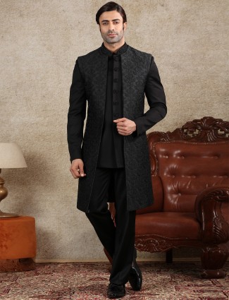 Black silk men wedding wear indowestern