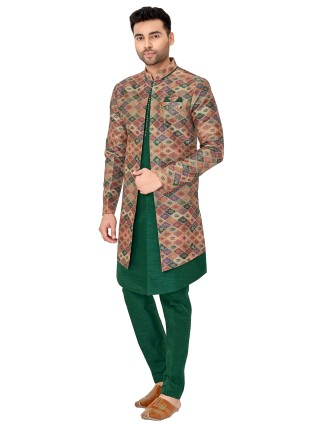 Bottle green silk indowestern for weddings