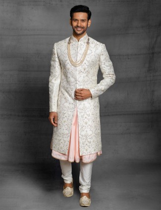 Off white silk sherwani for wedding event