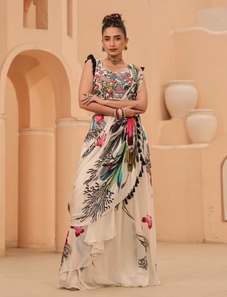 White floral printed pre-drape saree