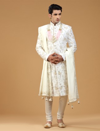 White Sherwani in Raw Silk Fabric