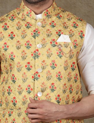 Yellow and white silk festive waistcoat set