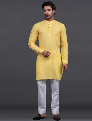 Yellow full sleeves linen kurta suit