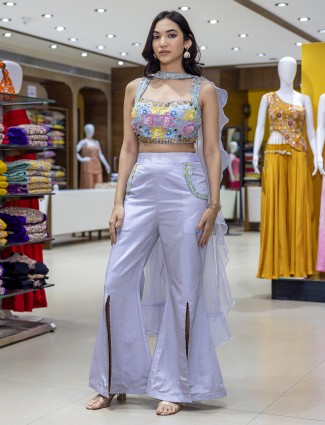 Lavender silk palazzo suit with embellished top