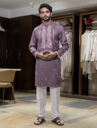 Mouve pink cotton silk kurta suit for festive celebration