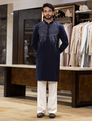 Navy cotton silk kurta suit with cutdana shimmer