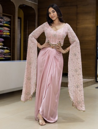 Pink silk partywear indowestern suit for women