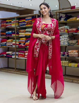 Red silk indowestern suit for women with shrug