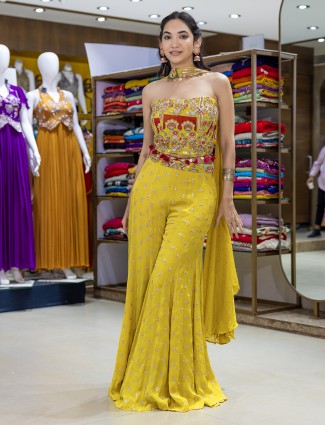 Yellow silk palazzo suit for haldi celebration