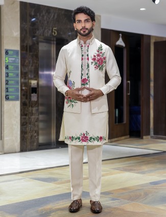 White printed silk waistcoat set for men