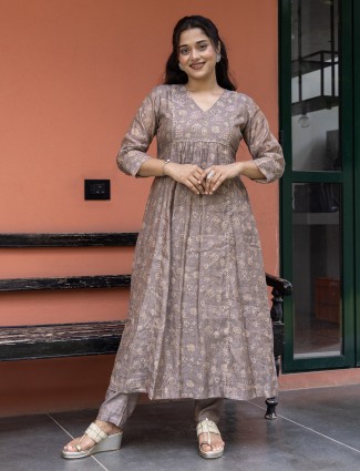 Beige peinted cotton kurti set for women